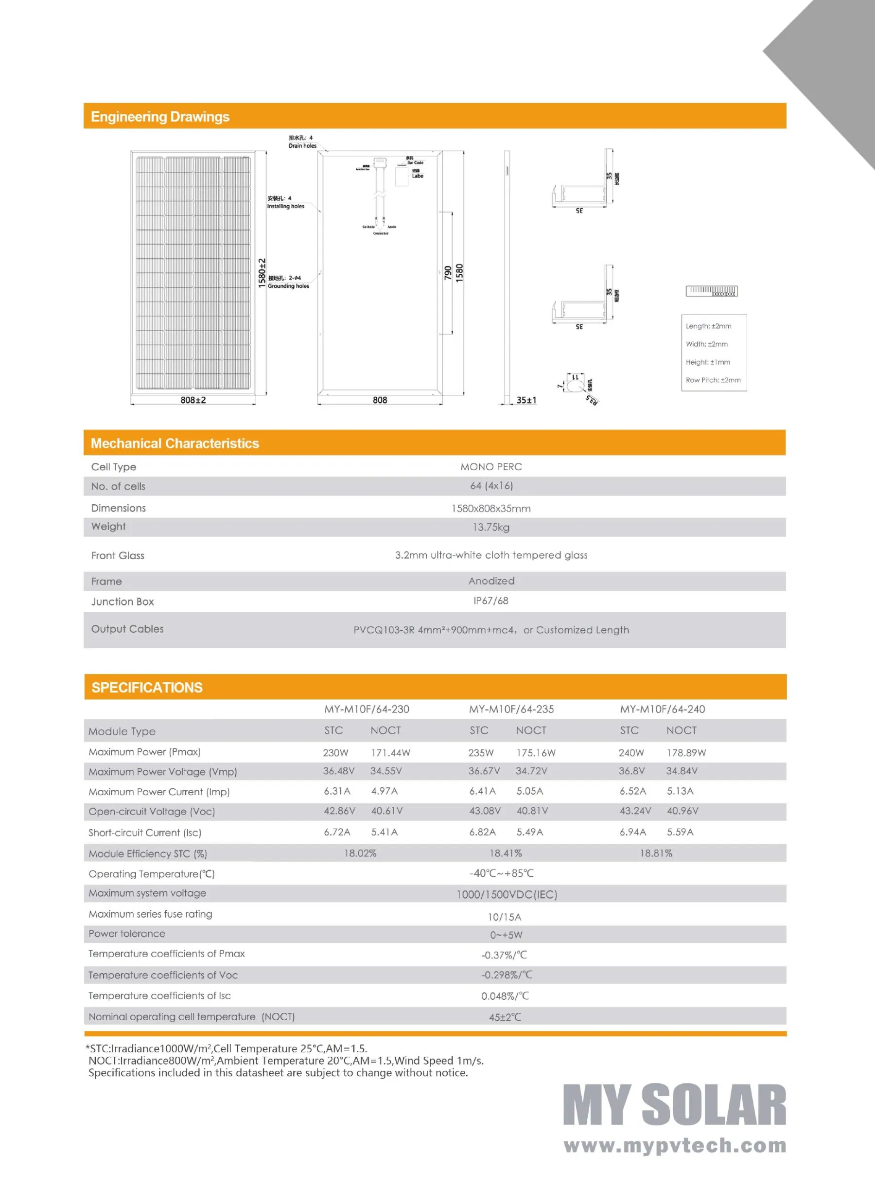 Mypvtech High-Quality 230W 235W 240W Monocrystalline Solar Panels