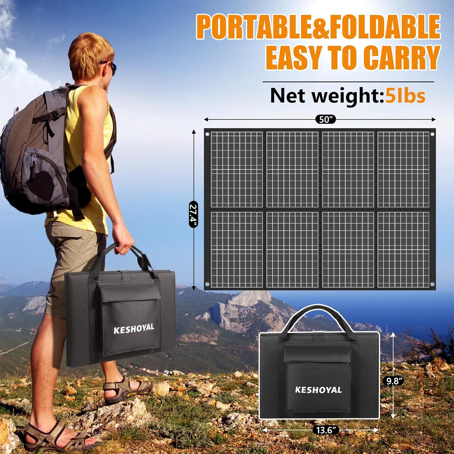 100W Portable Solar Panel Foldable Monocrystalline Solar Charger 18V DC USB Outputs IP65 Waterproof 23.5% Efficiency Portable