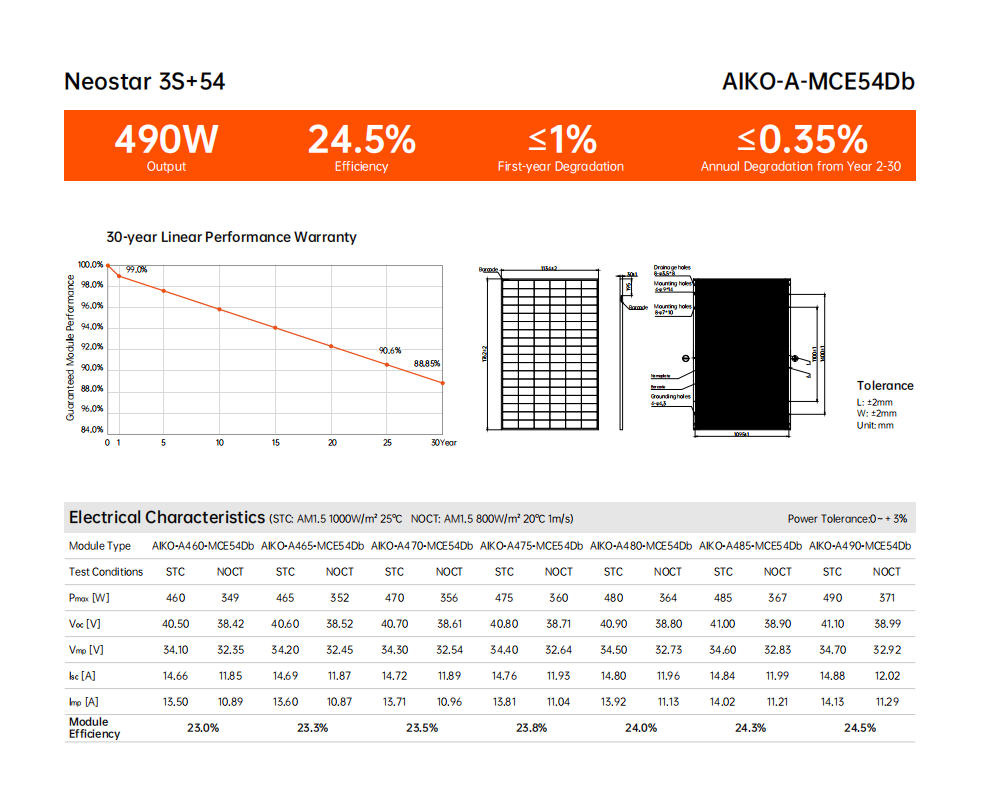 Aiko Solar Neostar 3S+54 Dual-Glass Module 460W 465w 470w 475w 480w 485w 490w N Type ABC Bifacial Full Black Solar Panels