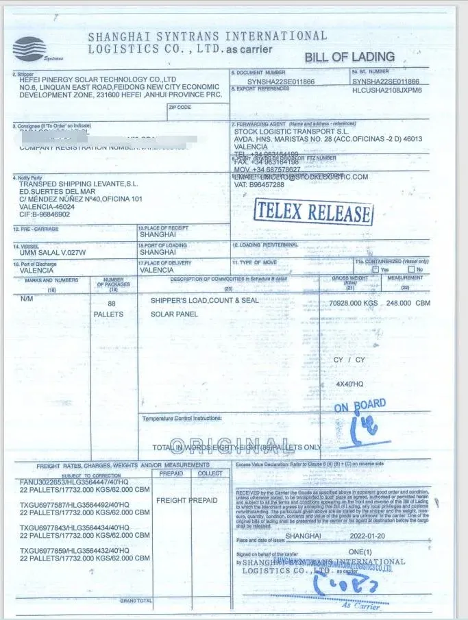 Bill of Lading Document Sample 2