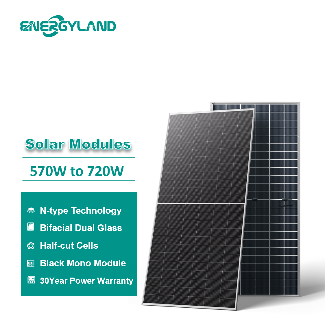 Energyland for Topcon Bifacial Solar Modules N-Type 30-Year Warranty 620W-720W PV Solar Panels Europe Warehouse Wholesale