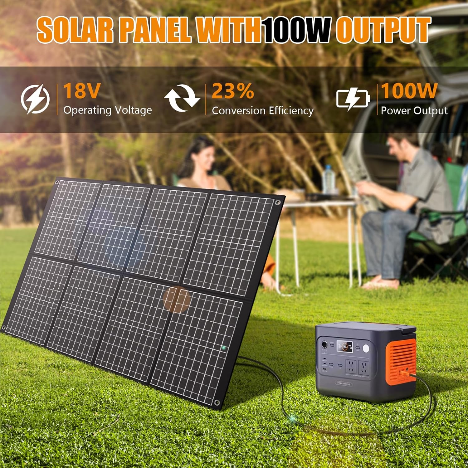100W Portable Solar Panel Foldable Monocrystalline Solar Charger 18V DC USB Outputs IP65 Waterproof 23.5% Efficiency Portable