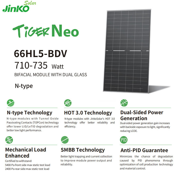 China Hot Sale Jinko Tiger Neo Solar Panels N Type Bifacial Modules 710w 715w 720w 730w Solar Panel for Commercial Use