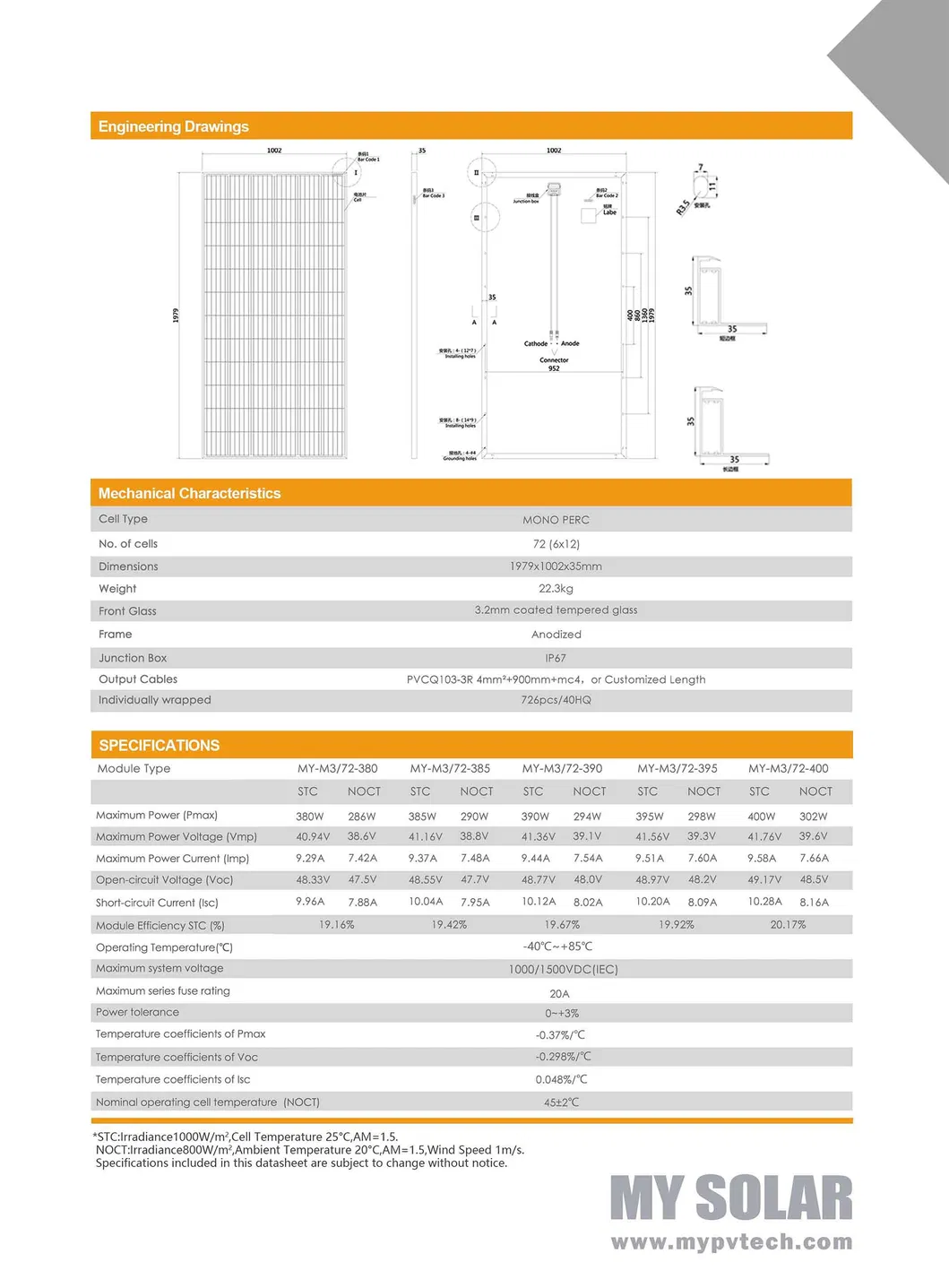 Mono Facial Module Perc Single Glass Solar Panel Installation and Dimensions