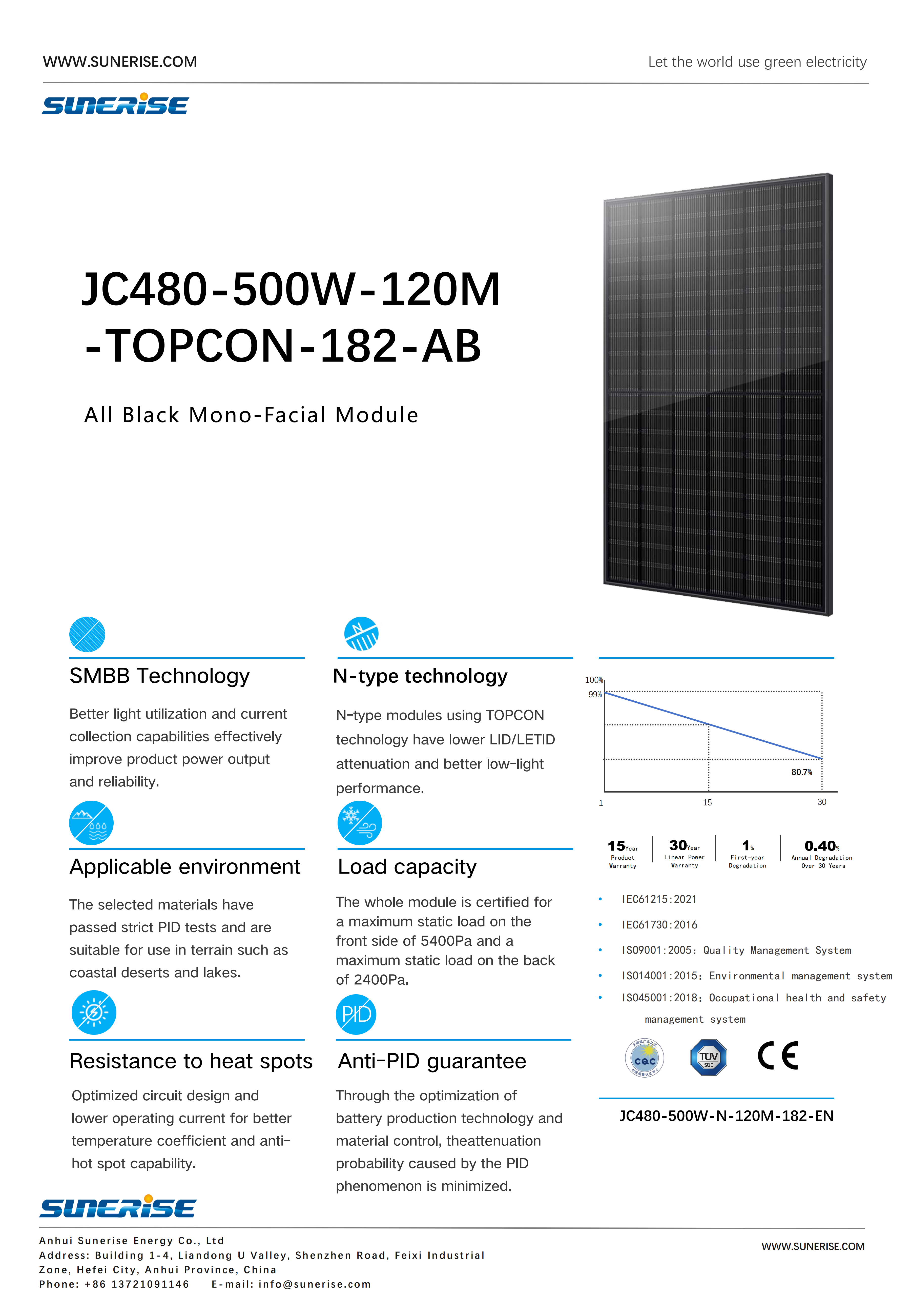 N-Type for PV Module Solar Photovoltaic Panels 480W-500W 182mm Mono Facial All Black Solar Panels