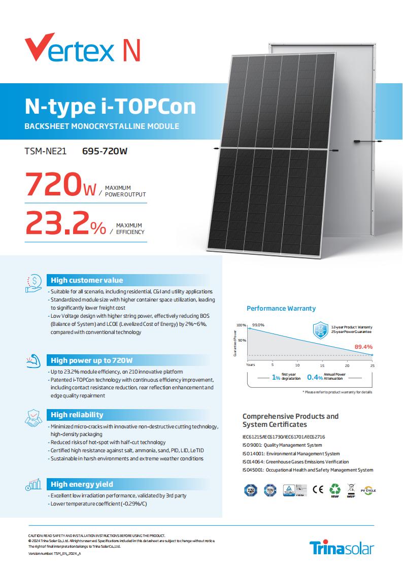 Trina Solar Vertex N 695W 700W 710W 720W Monocrystalline Solar Panel N-type I-TOPCon High Efficiency PV Module