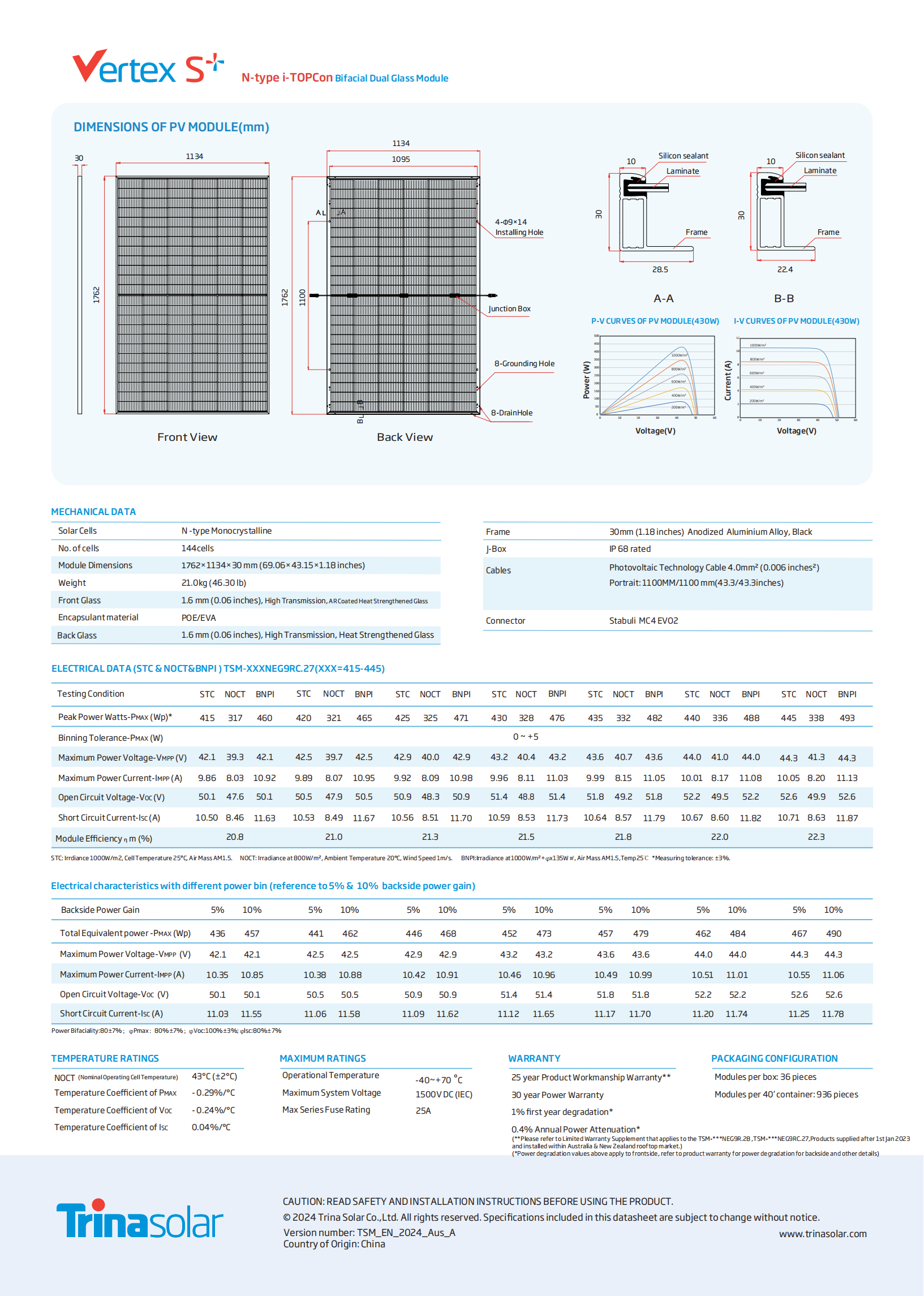 Trina TSM NEG9RC 27 420W 430W 445W 450W PV Solar Module Black Frame I TOPCon Bifacial Easy Installation for Europe