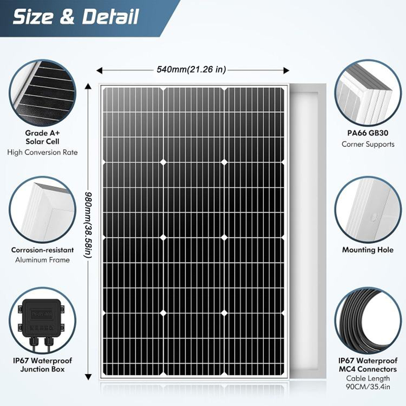 100W 120W Mono Solar Panel High Efficiency Half-Cell Glass PV Module Photovoltaic for RV Marine Camper Van Off-Grid System