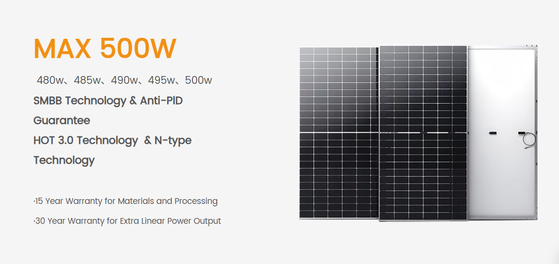 N-Type for PV Module Solar Photovoltaic Panels 480W-500W 182mm Mono Facial All Black Solar Panels