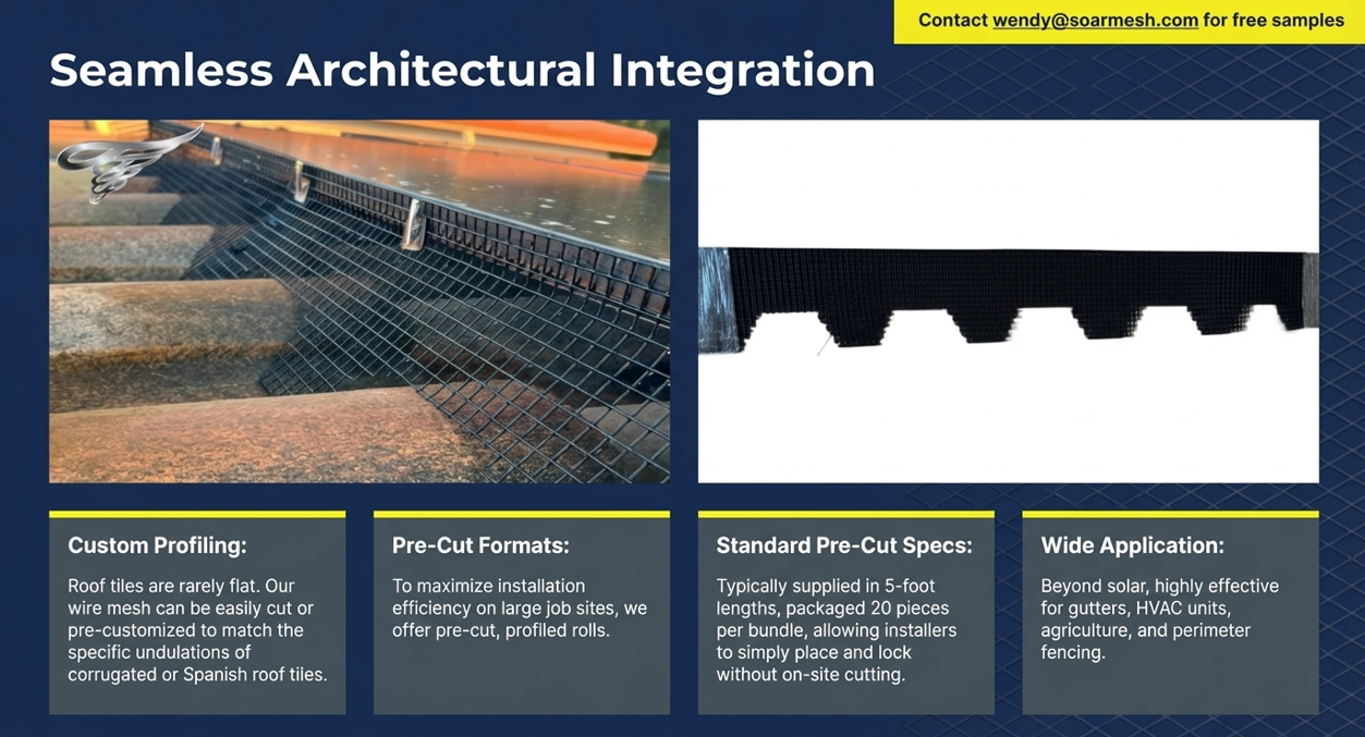 5ft X 8in Spanish Tile Solar Panel Mesh Cut Pieces, Pre-Cut Bird Control & Rodent Guard for Curved Tile Roof
