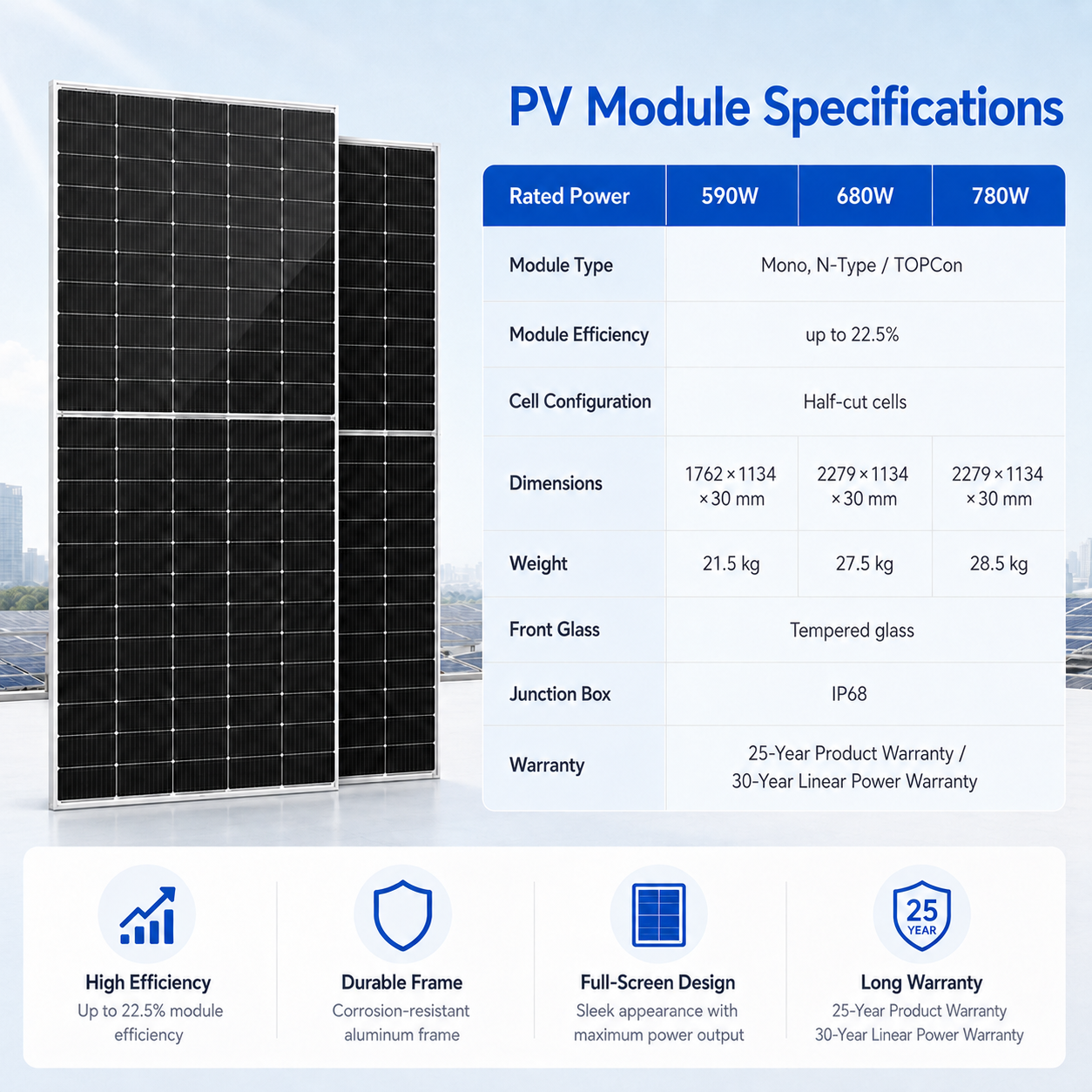 High Efficiency N-Type TOPCon Solar Panel 600W 620W Mono Photovoltaic Module for Residential Commercial Solar Energy System