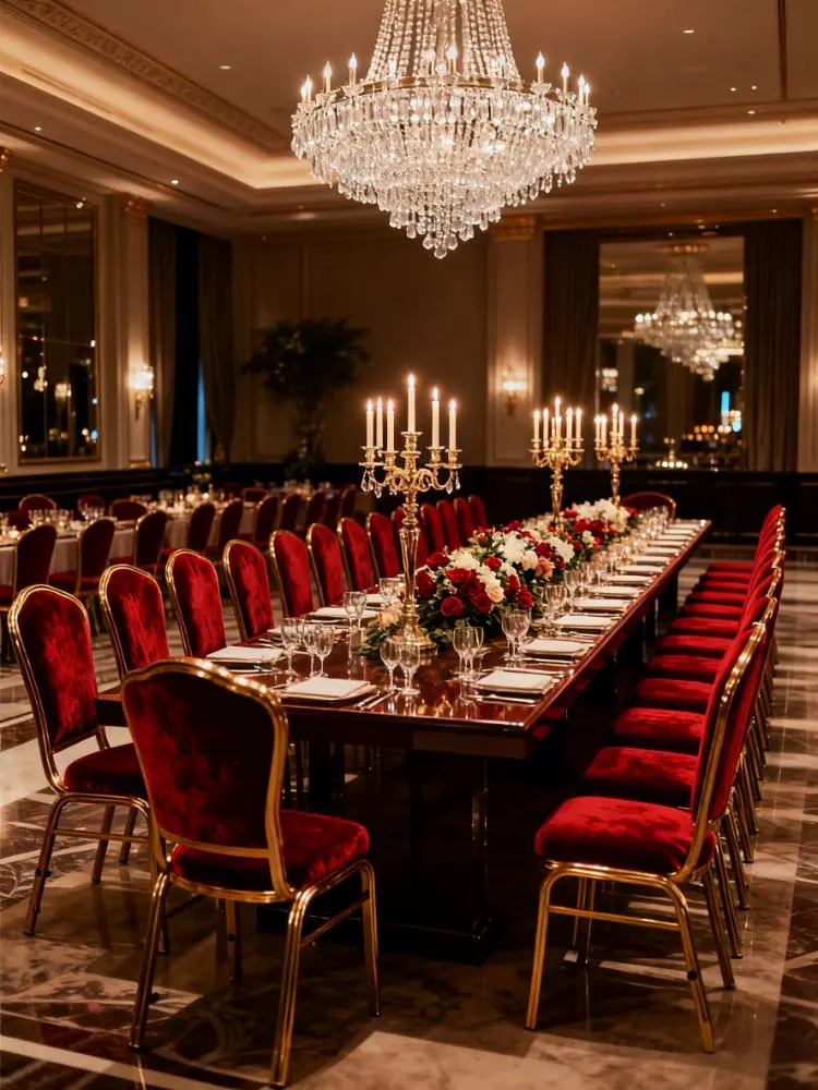 OEM Classic banquet chair with golden metal legs and leather soft wrapping, specially designed for wedding and hotel banquets Suppliers, Service