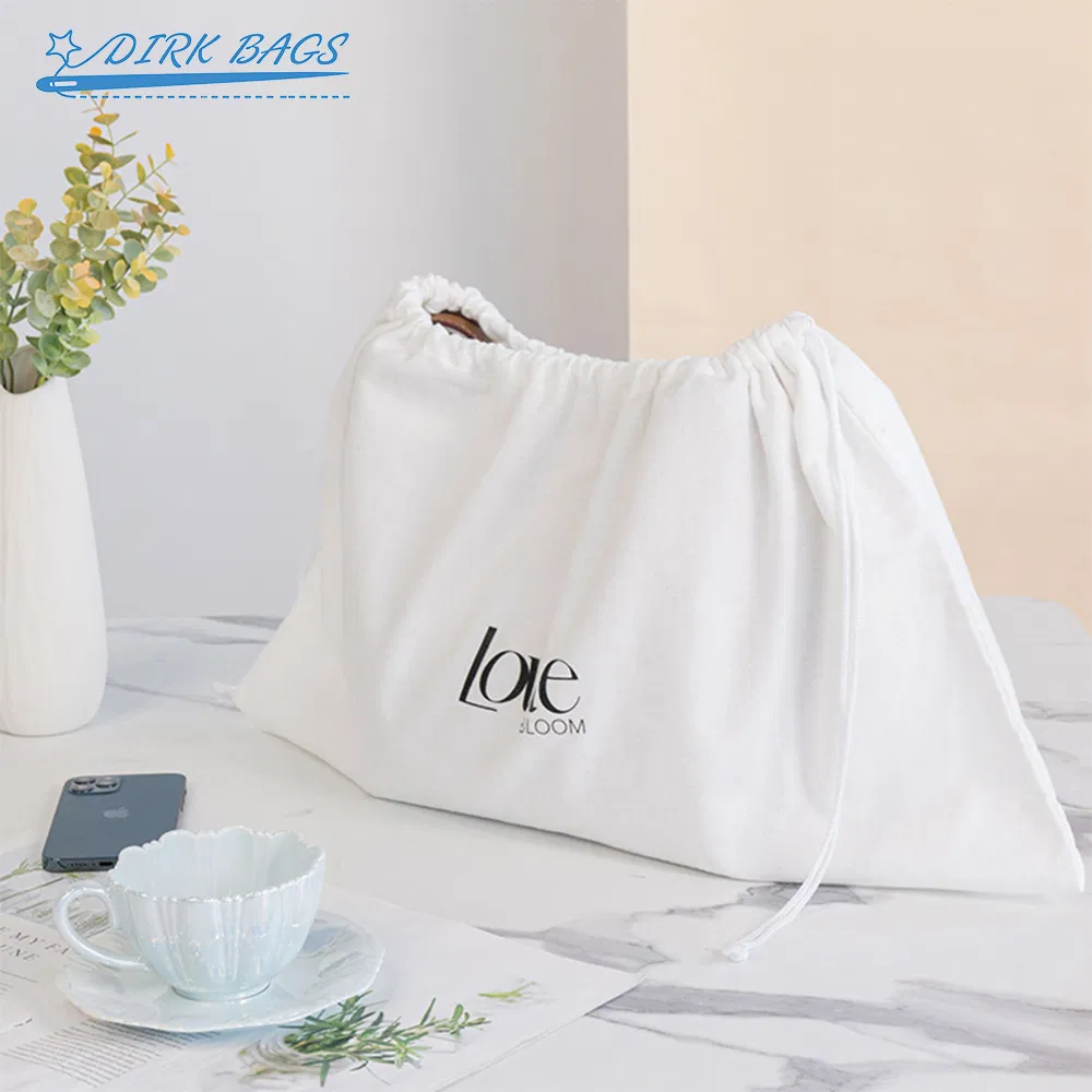 Luxury White Eco-Friendly Fleece Cotton Drawstring Dust Bag for Handbag Shoe
