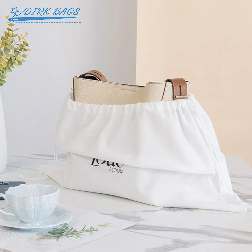 Luxury White Eco-Friendly Fleece Cotton Drawstring Dust Bag for Handbag Shoe
