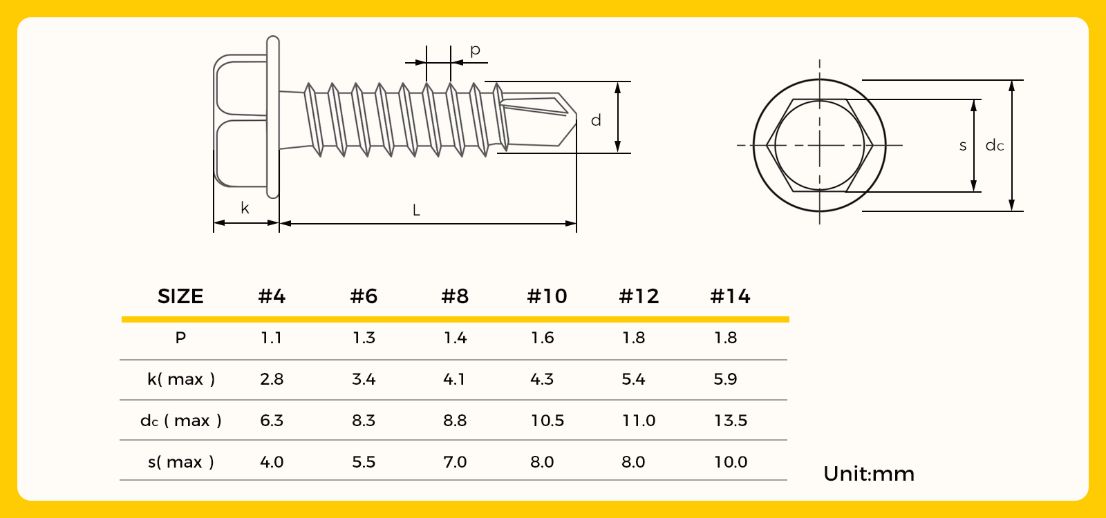 hex head self drilling screw drawing
