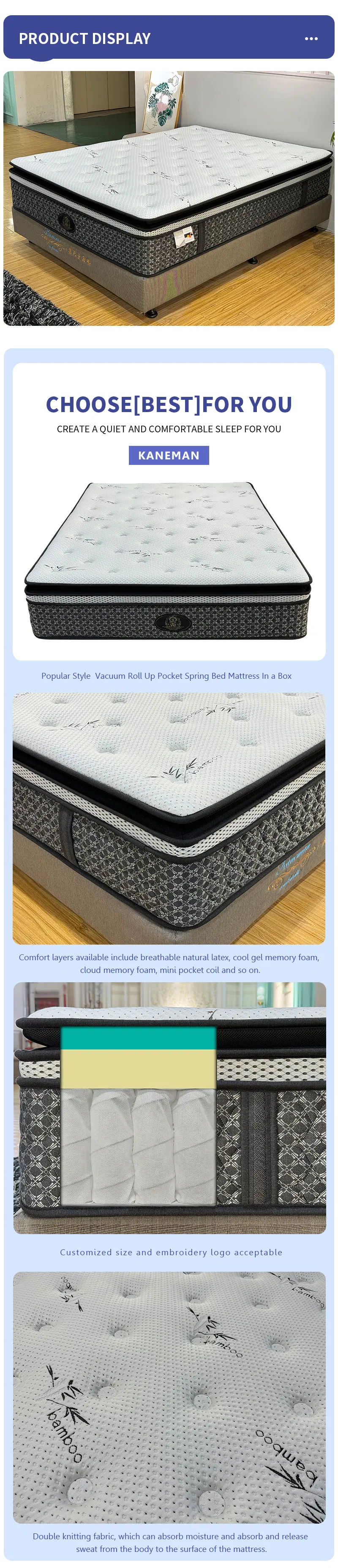 13 Inch Vacuum Roll up Packing Wholesale Queen King Size Memory Foam Pocket Spring Mattress in a Box