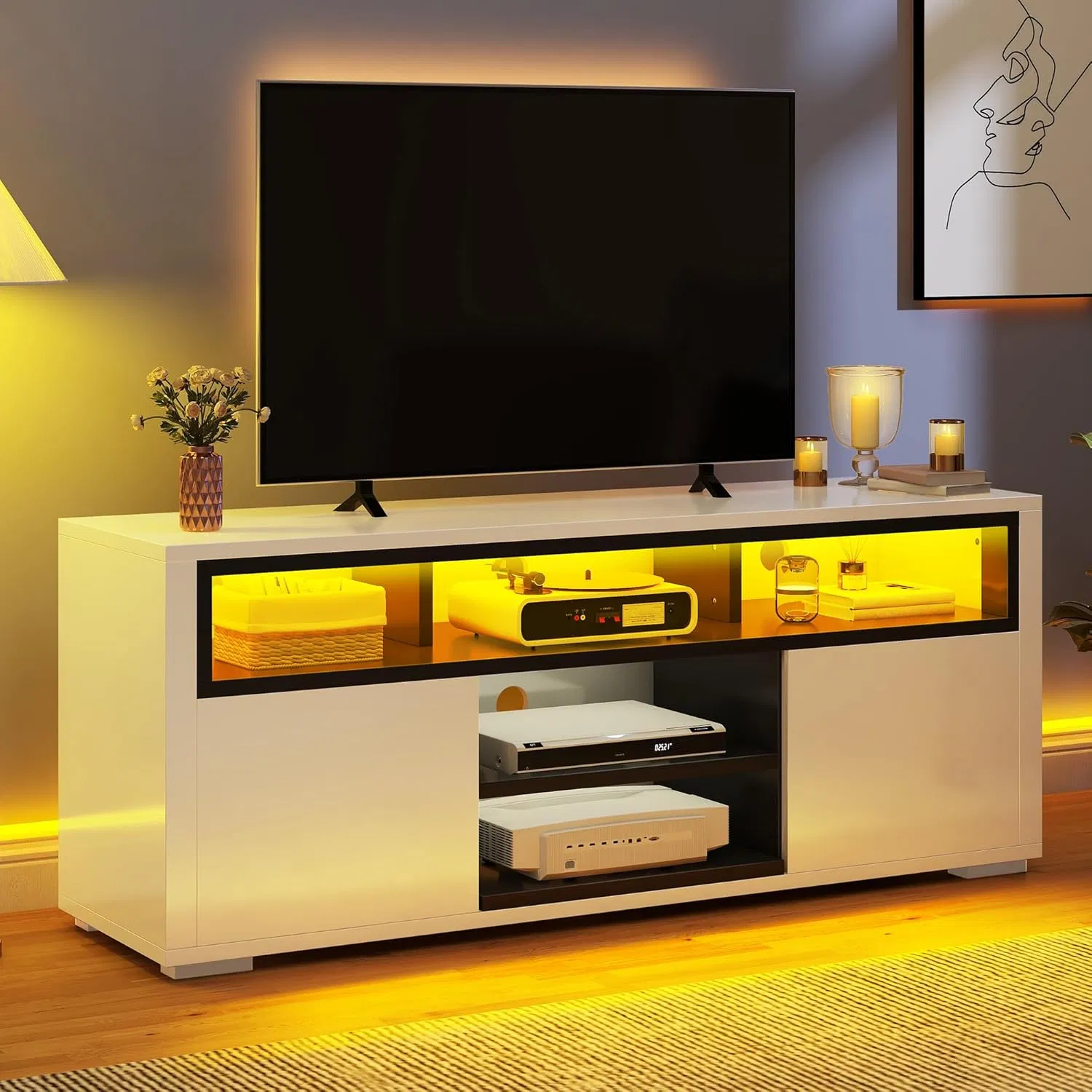 Modern High Glossy Wood TV Console Table for Home Living Room Gaming Media Stand