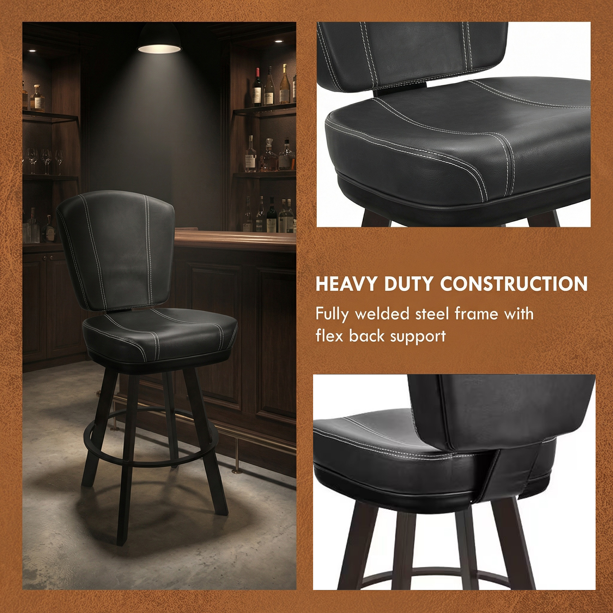 Modern Heavy Duty Industrial Leather Bar Stools Commercial Pub Chairs Fully Welded Steel Frame Flex Back Support for Hotel Gym