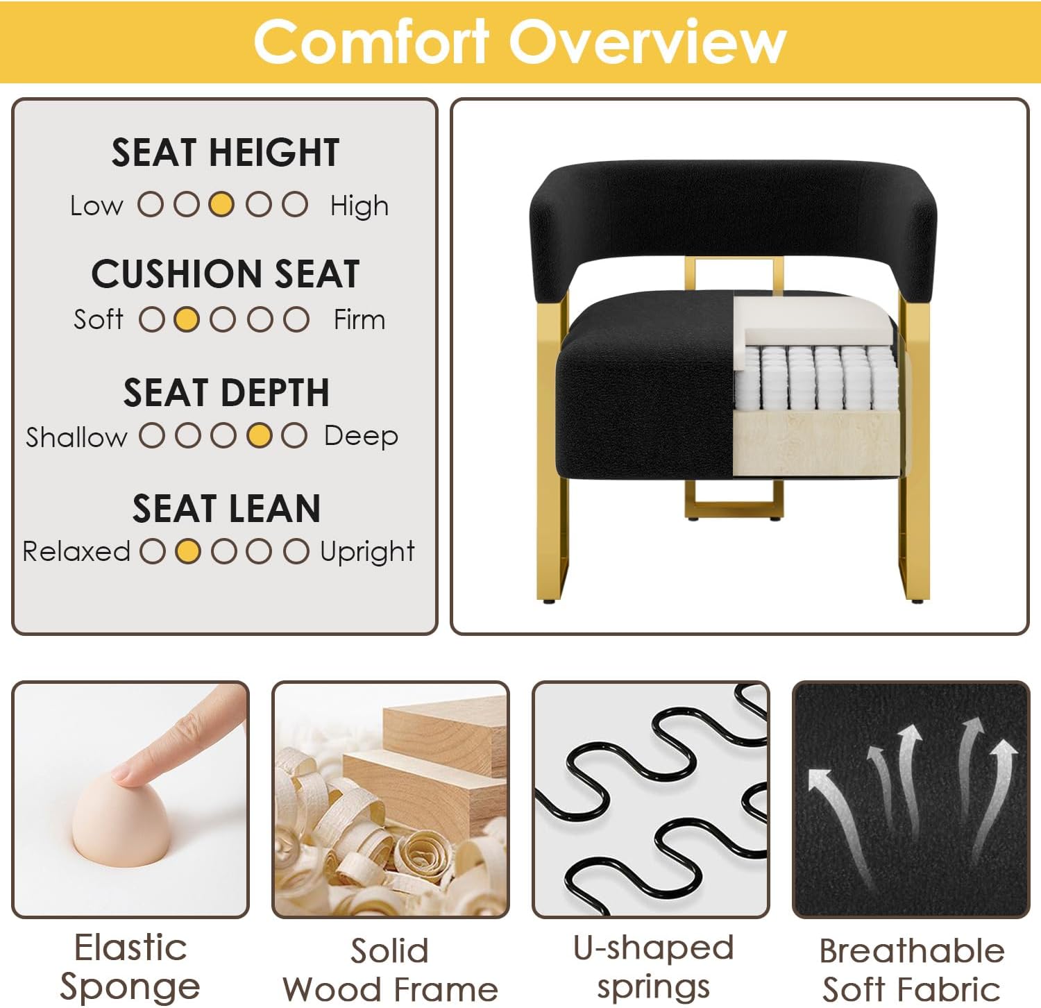 Modern Black Gold Velvet Fabric Boucle Curved Back Accent Chair Set 2 Armchairs Metal Legs for Living Room Bedroom Home Office