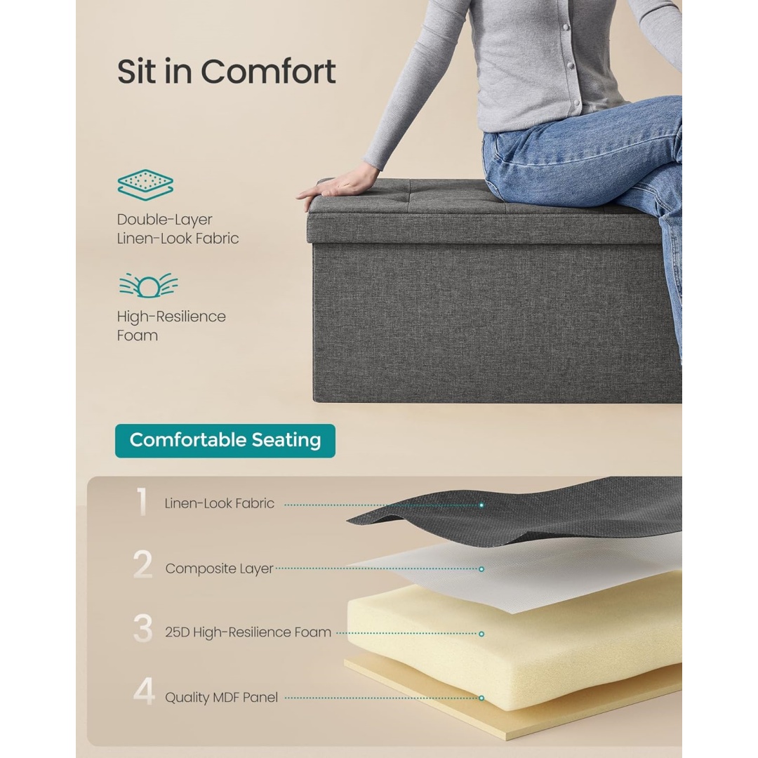 Linen Fabric Folding Storage Ottoman Shoe Bench Footrest Padded Seat Storage Chest for Bedroom Living Room Storage Ottoman