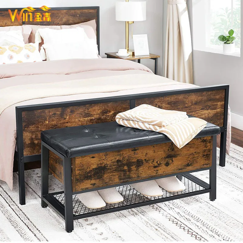 Rustic Brown Entryway Storage Bench with Cushioned Seat, Shoe Shelf & Large Hidden Compartment