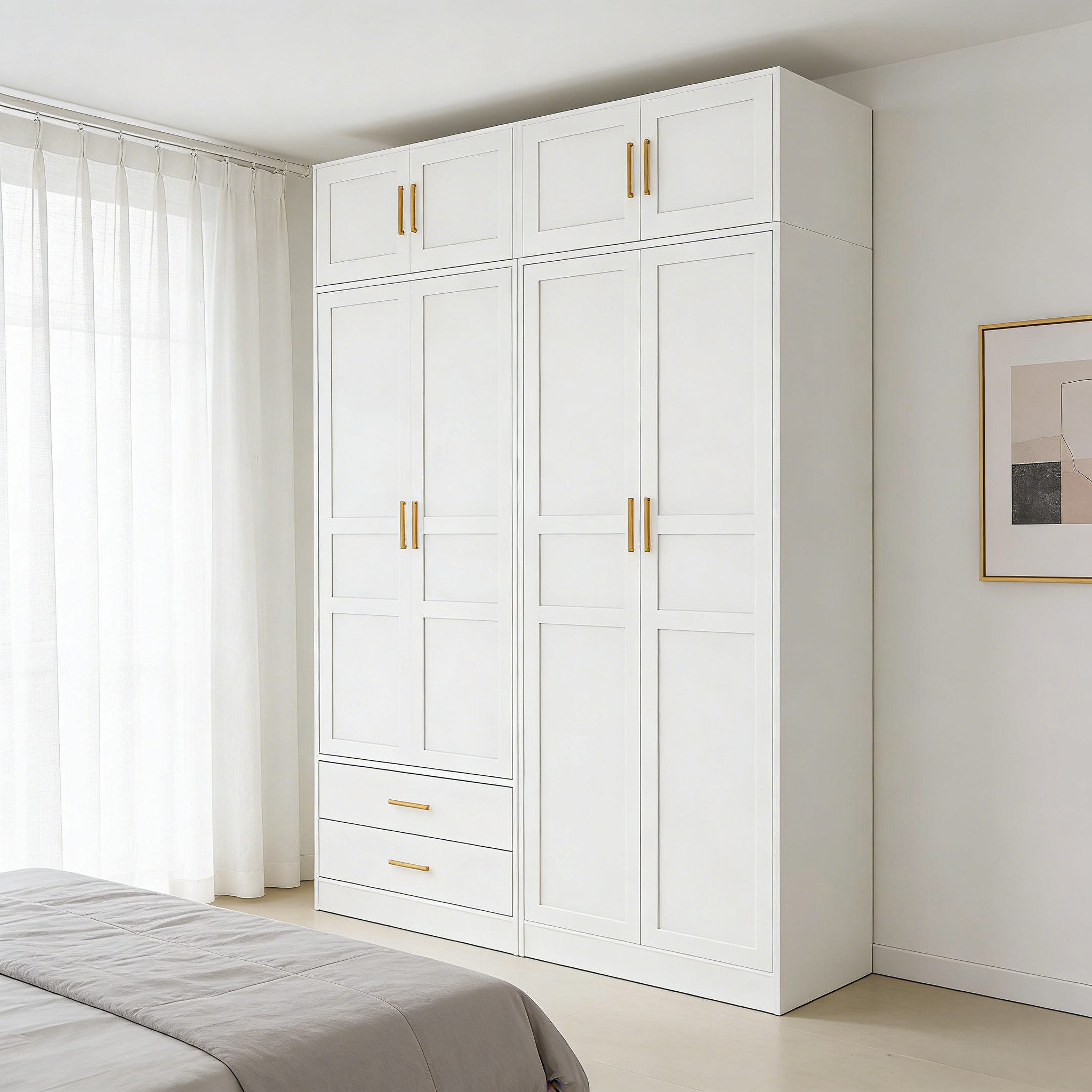 Modern Steel Large Capacity 4-Door Armoire 160cm Wide High Gloss White Wardrobe with Hanging Rods &amp; Drawers for Bedroom Storage