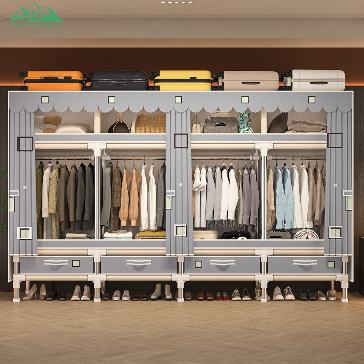 Wayon Sliding-door Fabric Wardrobe with 4 Drawers &amp; Top Wave Valance Modern Closet for Bedroom Storage