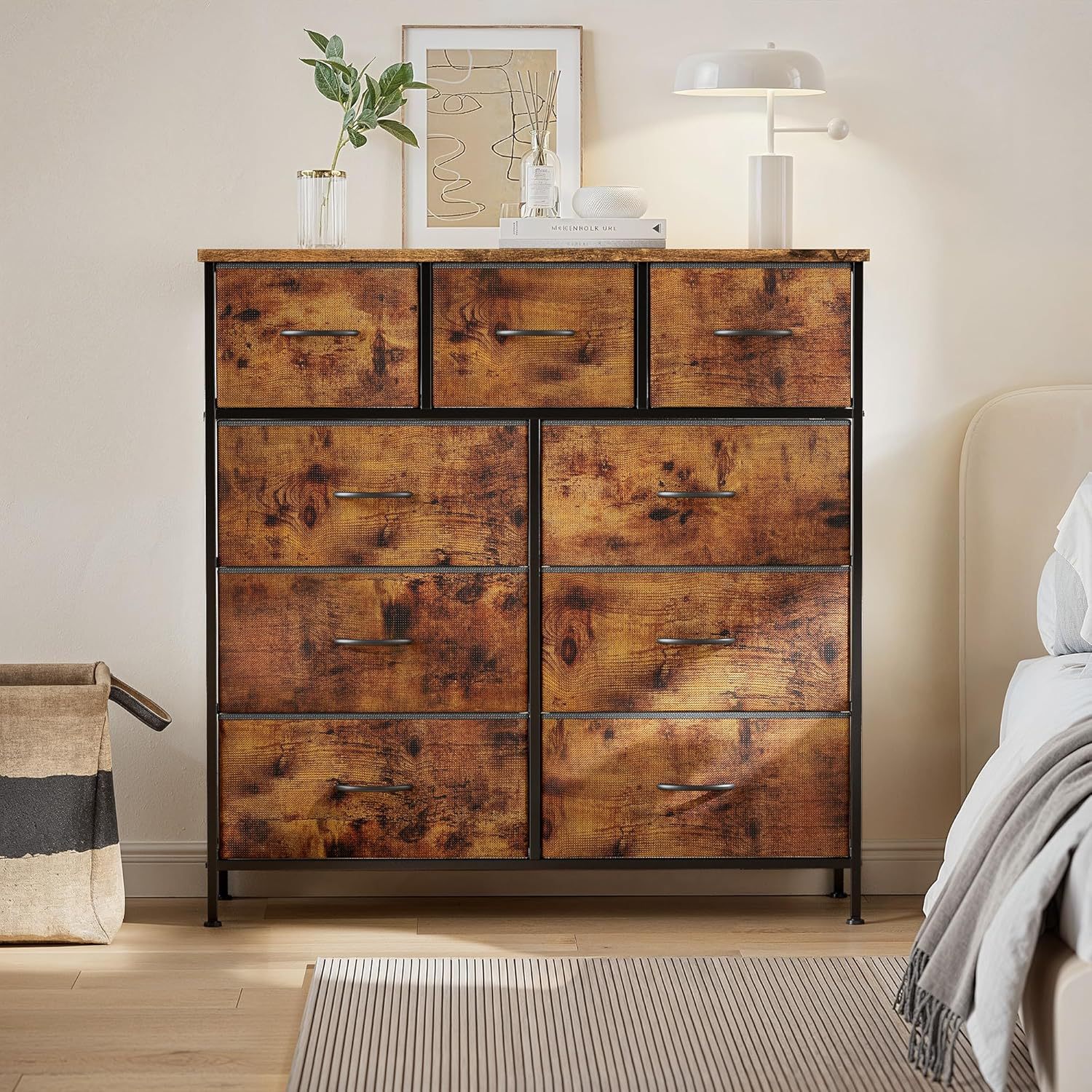 Rustic Home Storage Furniture Steel Wood Dresser Cabinet 9 Fabric Drawers Bedroom Living Room Toys Storage Cabinet