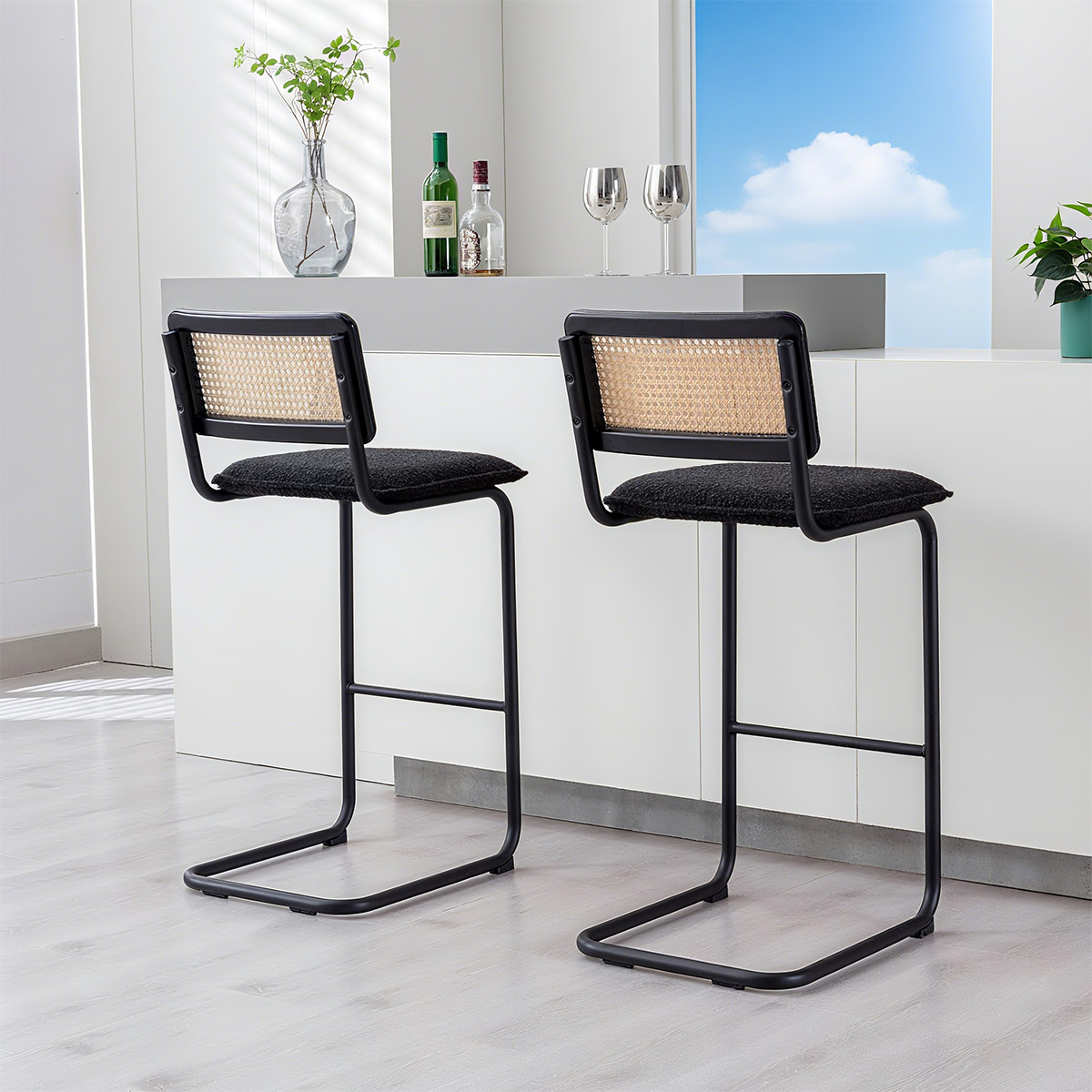 Mid-Century Modern Counter Height Chair Rattan Back Boucle Bar Stool With Chrome Cantilever Base