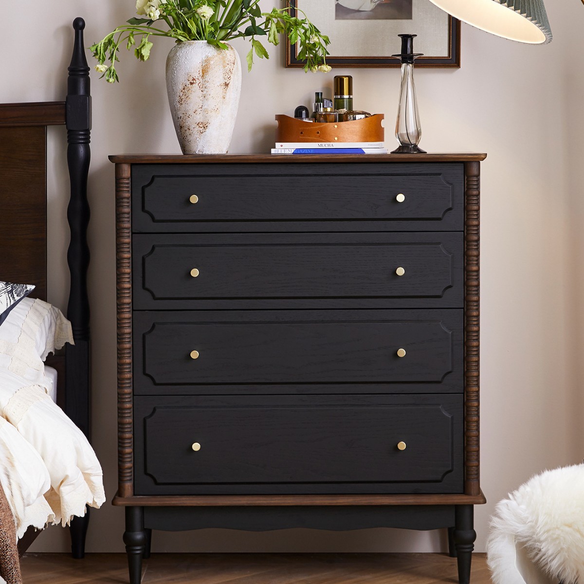 French Vintage Style Solid Wood Four Drawer Chest Storage Dresser For Living Room Bedroom Entryway Cabinet