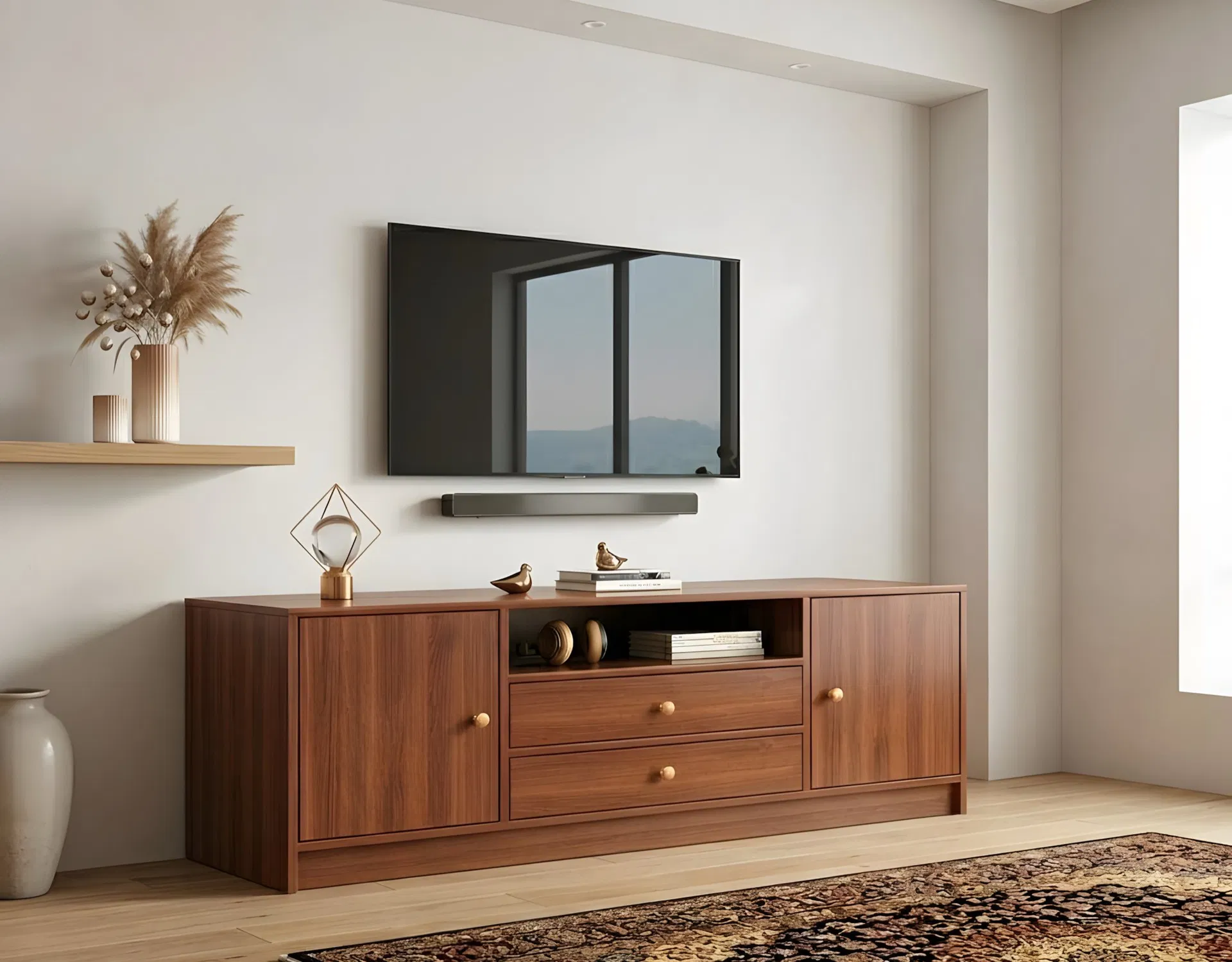 Wooden Media Console for Living Room with Spacious Storage Compartments