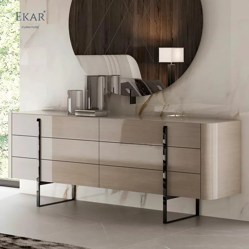 Modern Solid Wood Media Console with Metal Legs and Shelves Detail 2