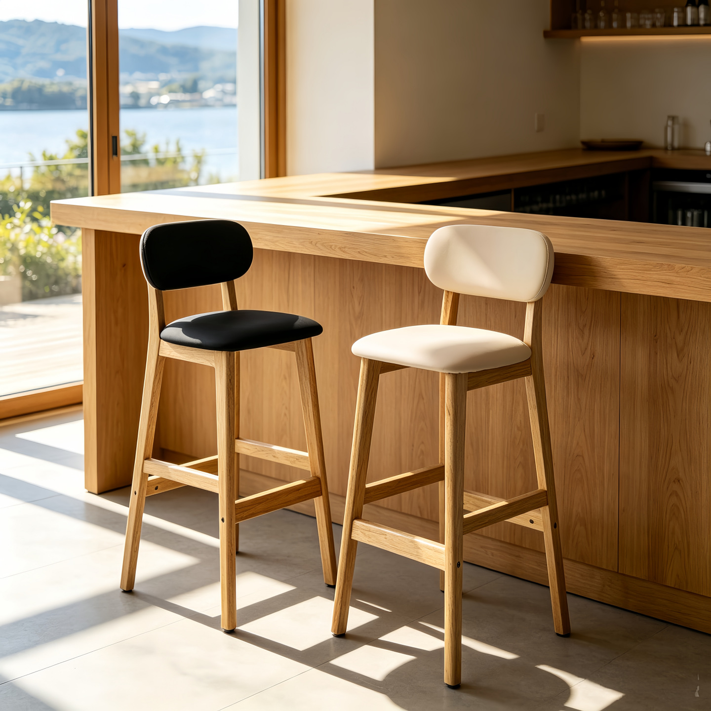 Modern Minimalist Solid Wood Bar Stools With Padded Backrest, Durable For Commercial Restaurant Use