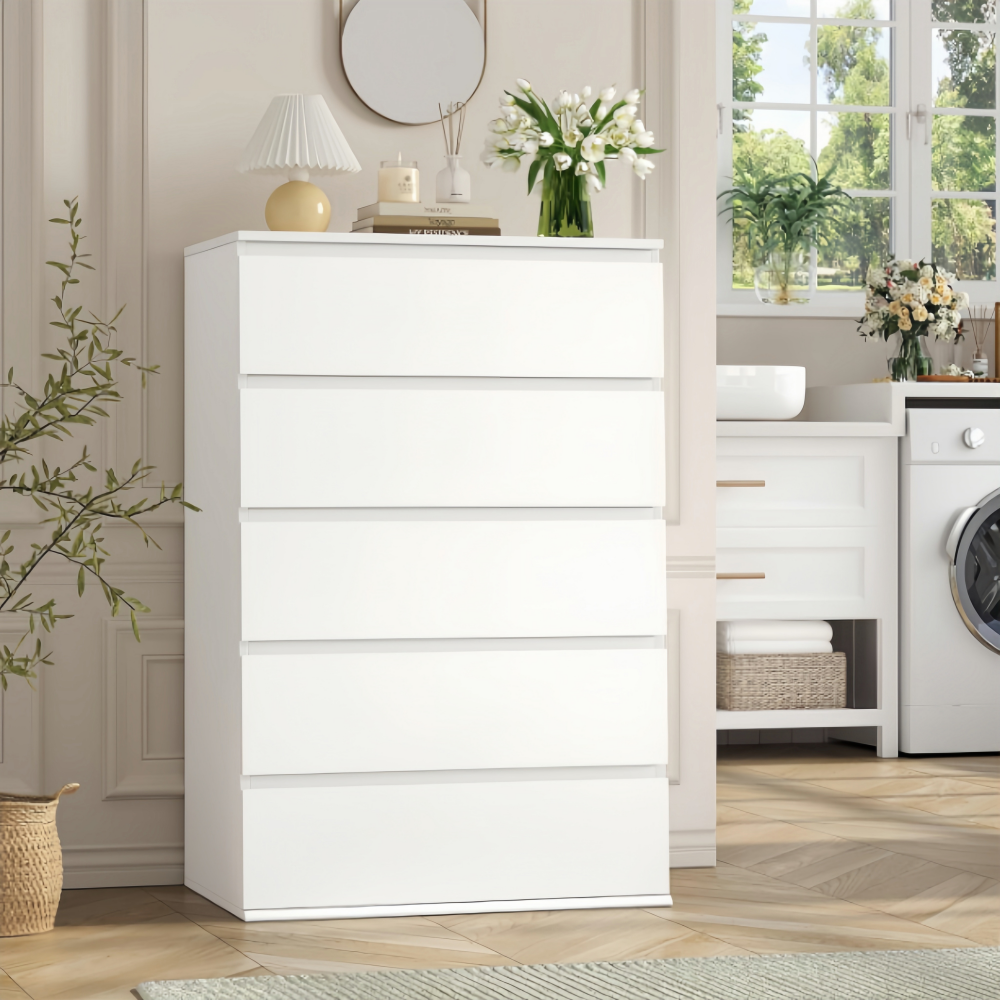 Modern 5-Drawer White Dresser Large Storage 23.6L X 17.6W X 39.1H Inch Tall Storage Chest Drawers Organiser Cabinet for Home