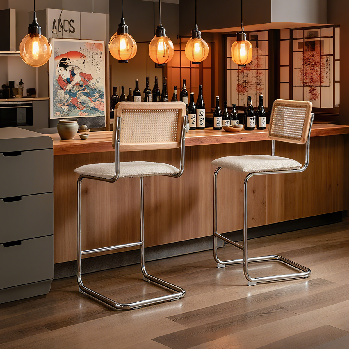 Mid-Century Modern Counter Height Chair Rattan Back Boucle Bar Stool With Chrome Cantilever Base