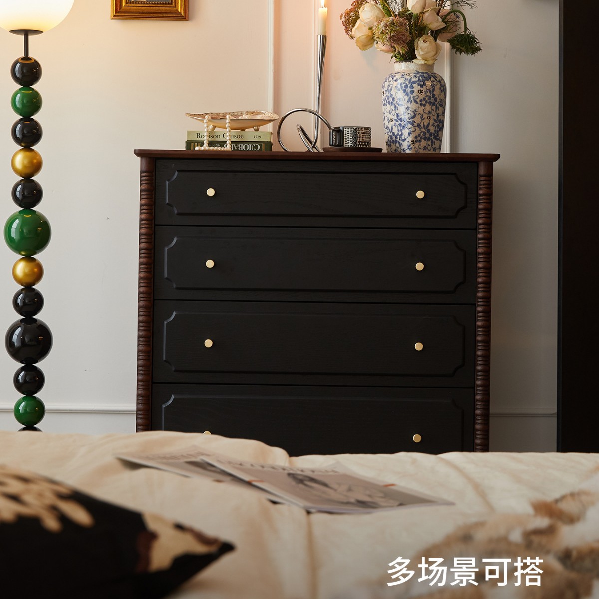 French Vintage Style Solid Wood Four Drawer Chest Storage Dresser For Living Room Bedroom Entryway Cabinet