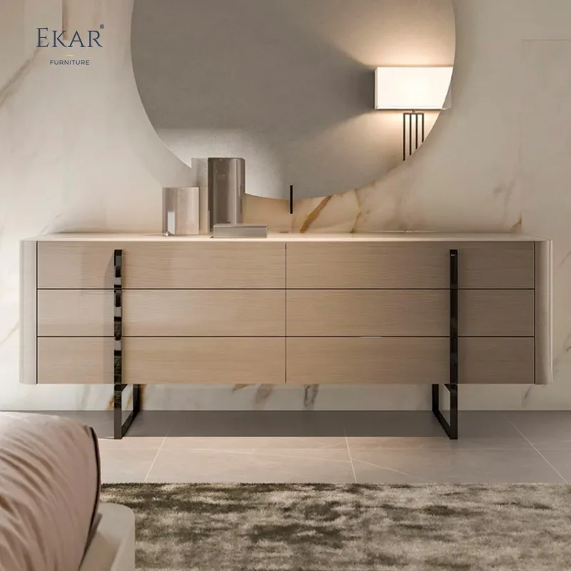 Modern Solid Wood Media Console with Metal Legs and Shelves Detail 1