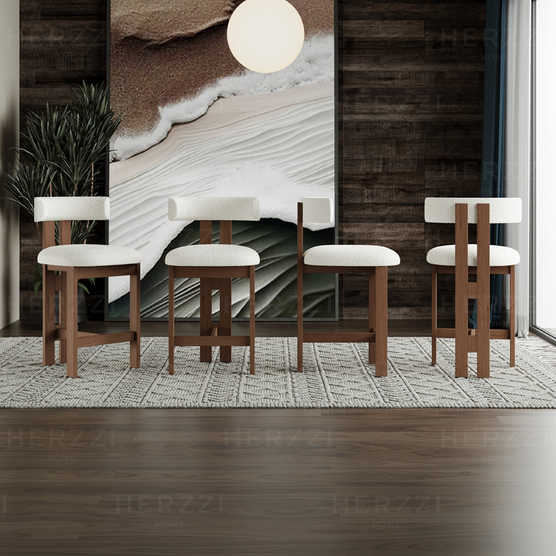 Nordic Luxury Solid Wood Bar Stools with Backrest Fixed Height Upholstered Counter Stools for Kitchen Bar