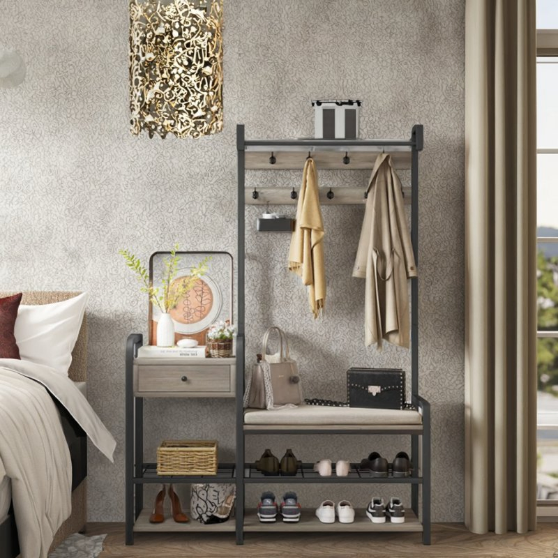Modern 3-in-1 Entryway Hall Tree Coat Rack with Shoe Bench and 2 Fabric Drawers for Bedroom
