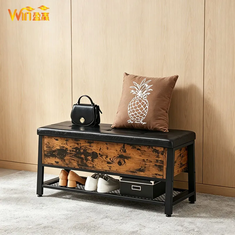 Rustic Brown Entryway Storage Bench with Cushioned Seat, Shoe Shelf & Large Hidden Compartment