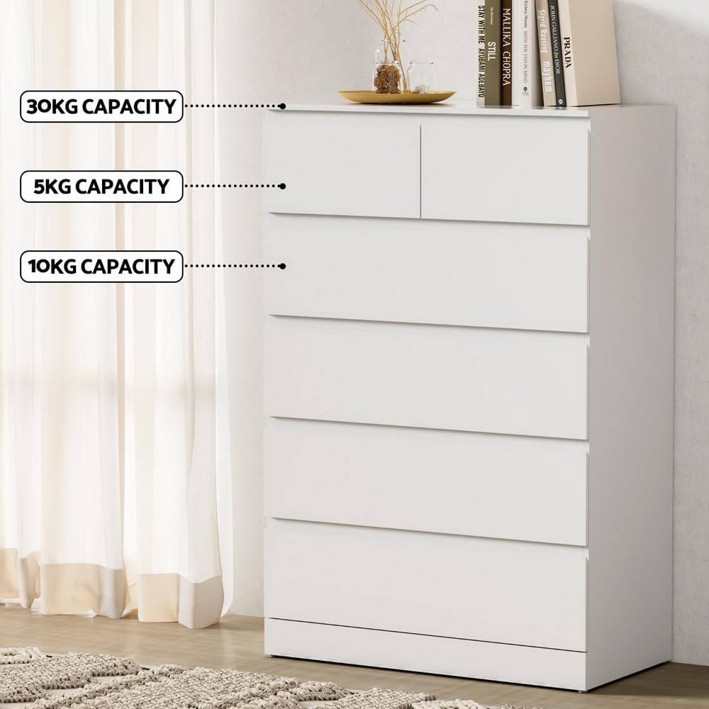 Modern White 6-Drawer Double Wooden Storage Dresser with Smooth Steel Rails for Living Room Bedroom