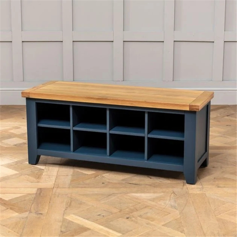 Solid Oak Wooden Blue Painted Hallway Shoe Storage Bench, 2 Tiers Living Room Display Rack Organizer Entryway Bathroom Shoe Bench
