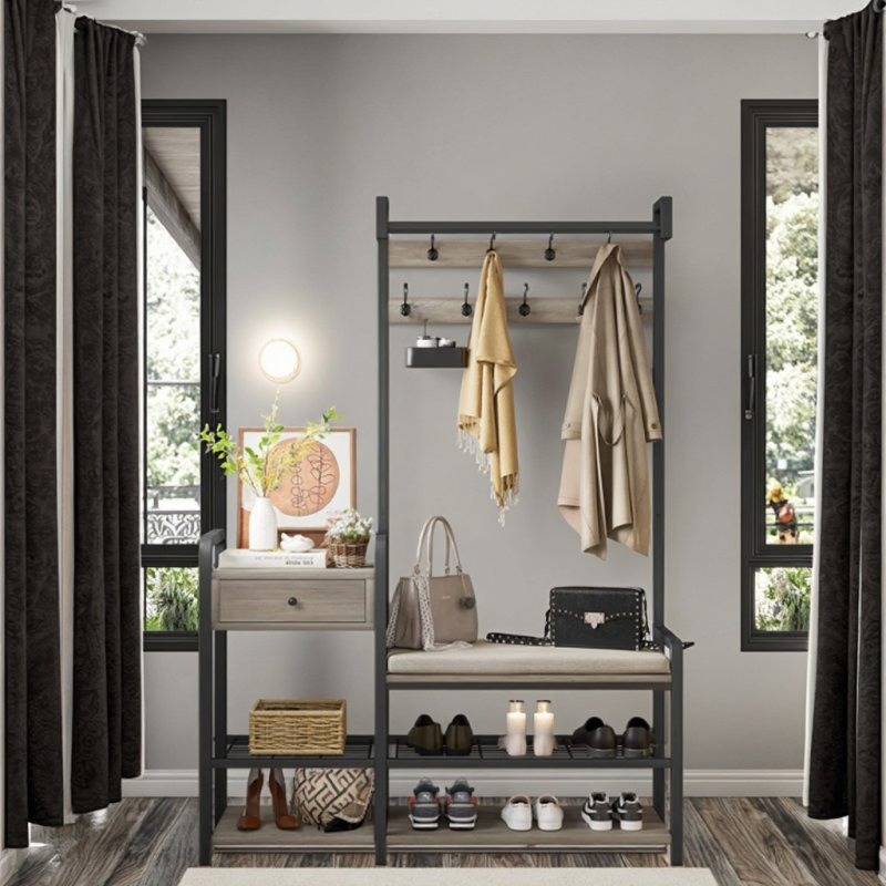 Modern 3-in-1 Entryway Hall Tree Coat Rack with Shoe Bench and 2 Fabric Drawers for Bedroom