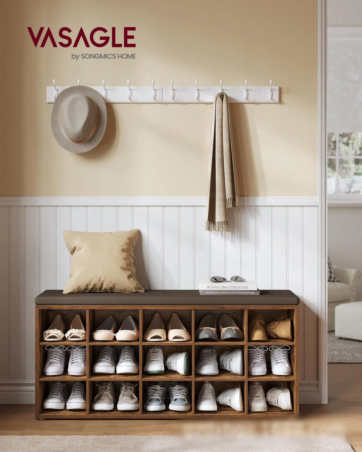 Wooden Shoe Storage Bench with Cushion Entryway Seat Shoe Rack for Living Room