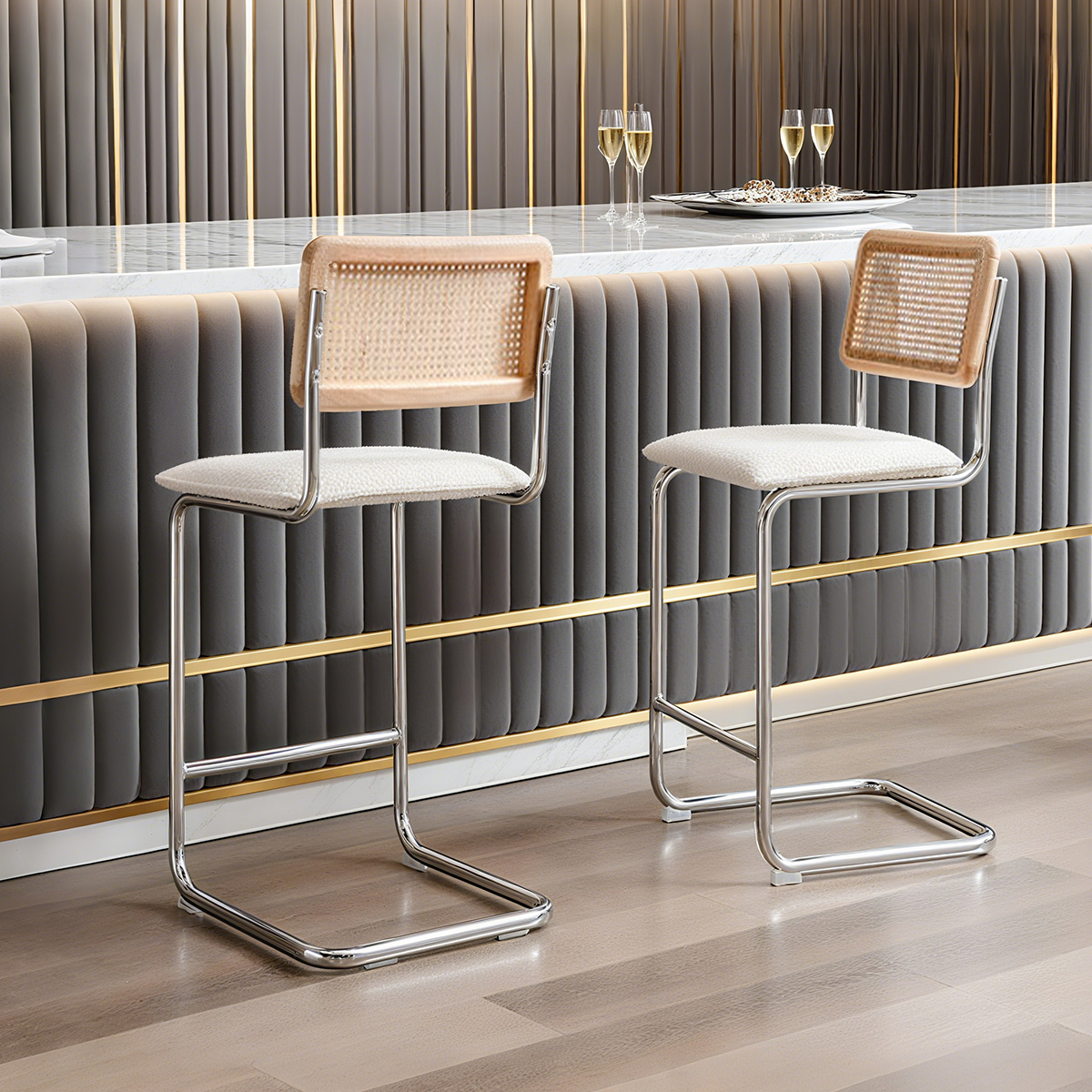 Mid-Century Modern Counter Height Chair Rattan Back Boucle Bar Stool With Chrome Cantilever Base