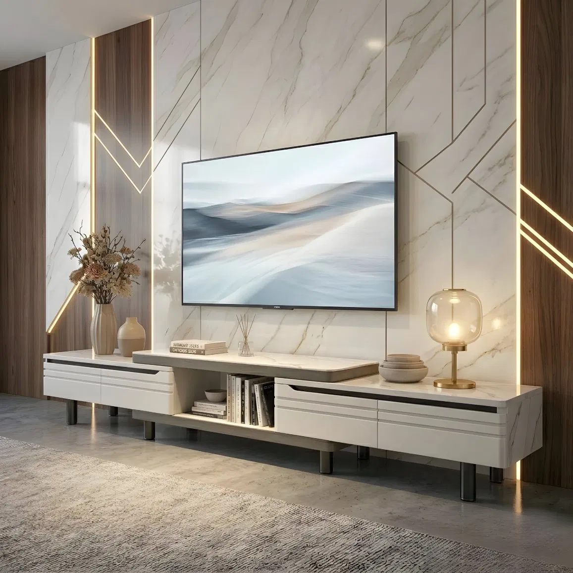 White Media TV Console for Living Room with Open Shelf Display Storage