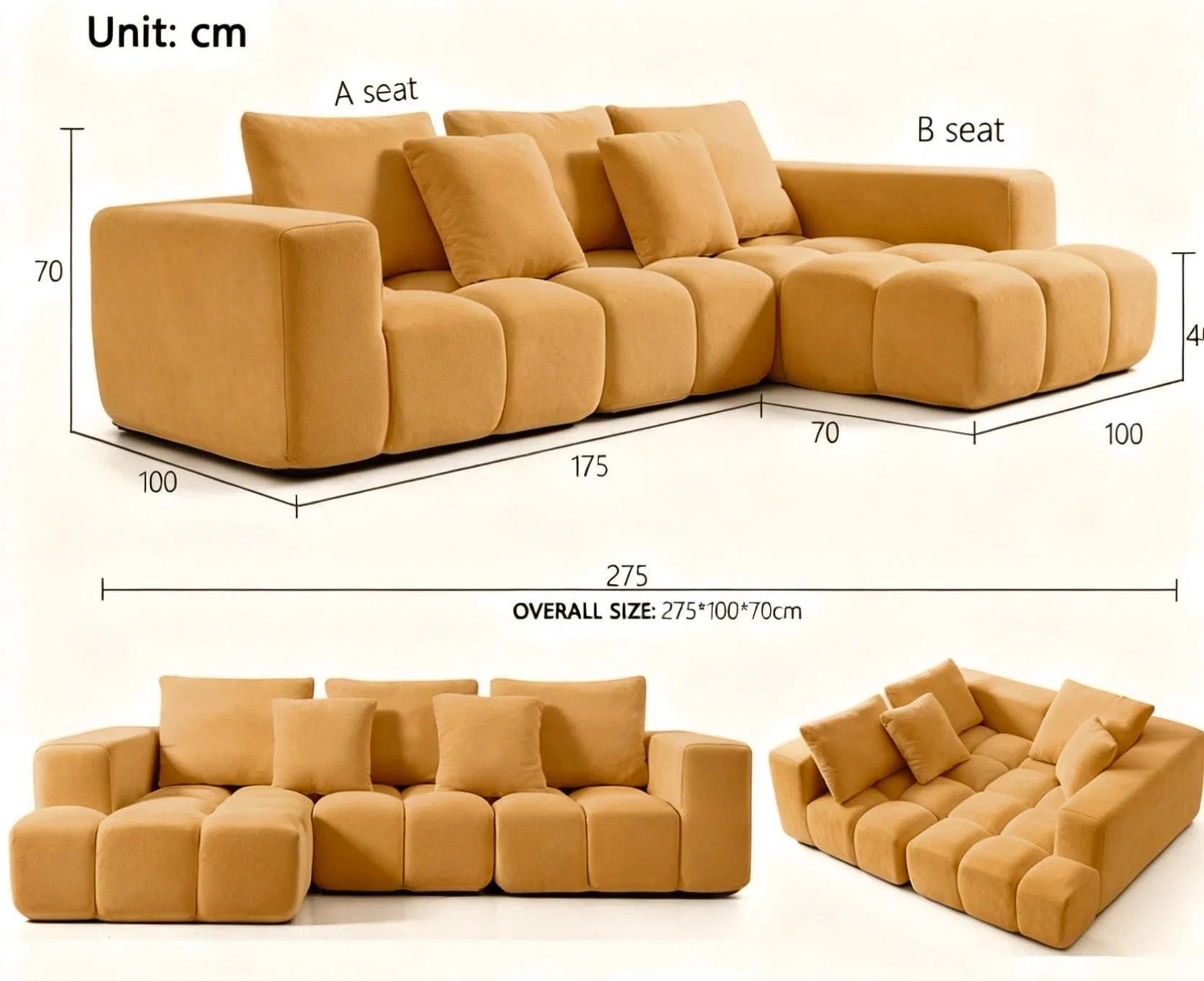 Modern Cream Velvet Sectional Sofa for Small Apartments