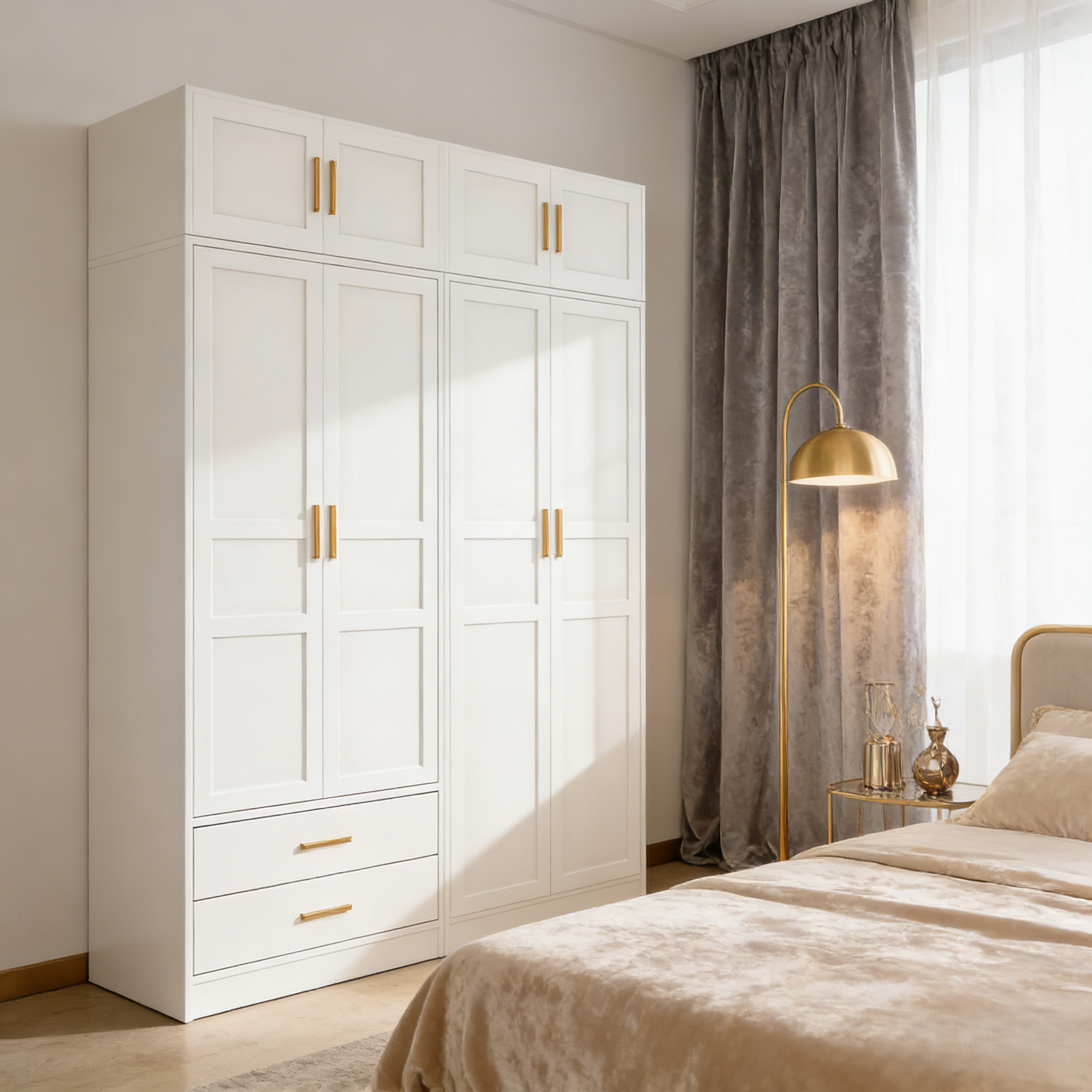 Modern Steel Large Capacity 4-Door Armoire 160cm Wide High Gloss White Wardrobe with Hanging Rods &amp; Drawers for Bedroom Storage