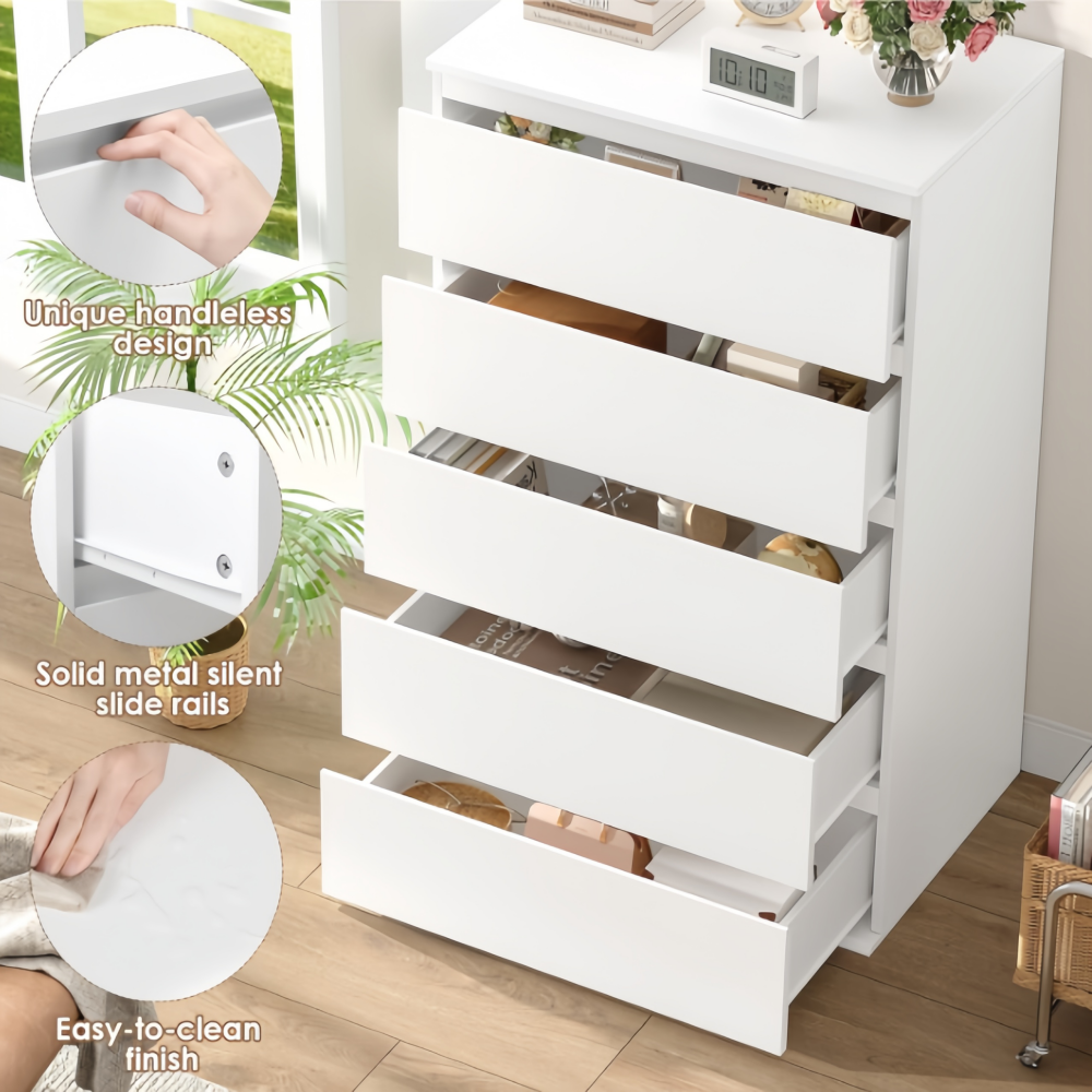 Modern 5-Drawer White Dresser Large Storage 23.6L X 17.6W X 39.1H Inch Tall Storage Chest Drawers Organiser Cabinet for Home