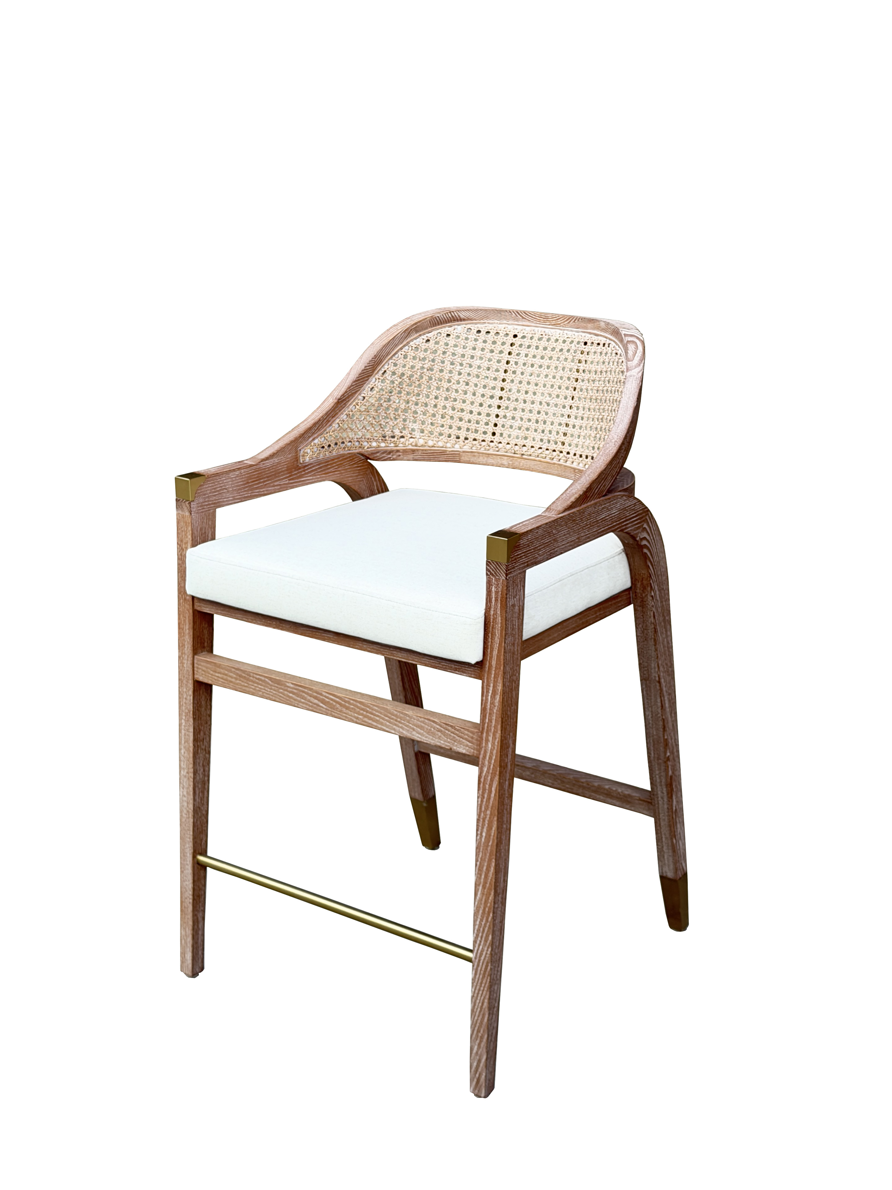HLM105 Light Wood Rattan High-Back Solid Wood Bar Stool With Linen Cushion - High Leisure Chair For Restaurant &amp; Bar